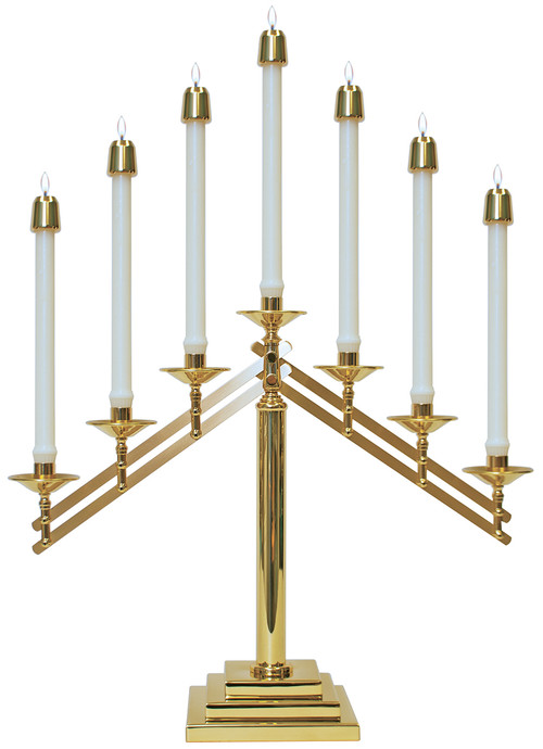 Solid brass. 7-light with 7˝ 3 step base. 18˝H., adjustable arms, 7⁄8˝ sockets. Candles not included.