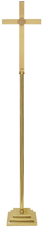 Processional Cross Solid Brass. Polished finish. Breaks at base. 72˝H., 10˝ 3 step base, 12˝ x 20˝ cross.
