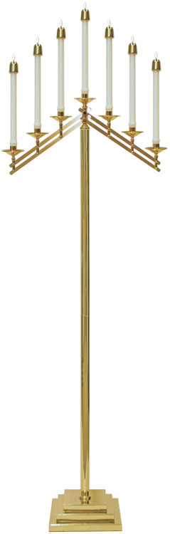 Solid brass Floor Candelabra. 7-light with 10" 3 step base. 60˝H., adjustable arms, 7⁄8˝ sockets. Candles not included.