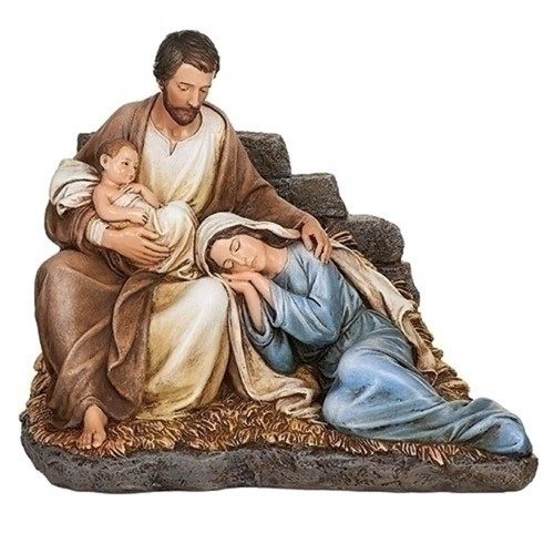 Sleeping Mary Holy Family Figure. A beautifully sculpted scene of Mary resting peacefully on Joseph's lap. Baby Jesus lays in Joseph's arms. Made of resin. Approx. 5.25" L x 8.25"W x 6.75"