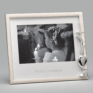 6.25"H white enameled Holy Communion Frame holds a 4X6 photo. Frame is white enamel with silver line around entire and outer inner frame. Cross, Wheat and  Chalice on right side of frame. First Communion written across the bottom of frame
