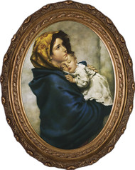 One of the most beloved images of Our Lady, the Madonna of the Streets depicts a youthful Mary hold the Child Jesus close to her heart. This depiction of our Blessed Mother is an inspiration to all who serve the less fortunate. This image is offered on an archival-quality giclée canvas that is guaranteed to last and is set in an oval frame handcrafted in Steubenville, Ohio. This beautiful image of the Madonna of the Streets is the perfect addition to any home!  10"H x 8"W x 2"D.