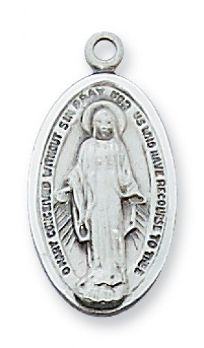 3/4" Sterling Silver Miraculous Medal. Medal comes on an 18" rhodium plated chain. A deluxe gift box is included.
