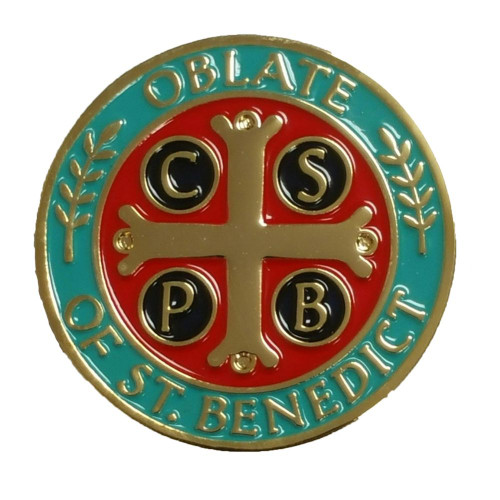 Oblate of St. Benedict lapel pin, gold plated with hand enameled colors, 1", poly bag packaged. Product Size: 1" X 1" X 1/16"