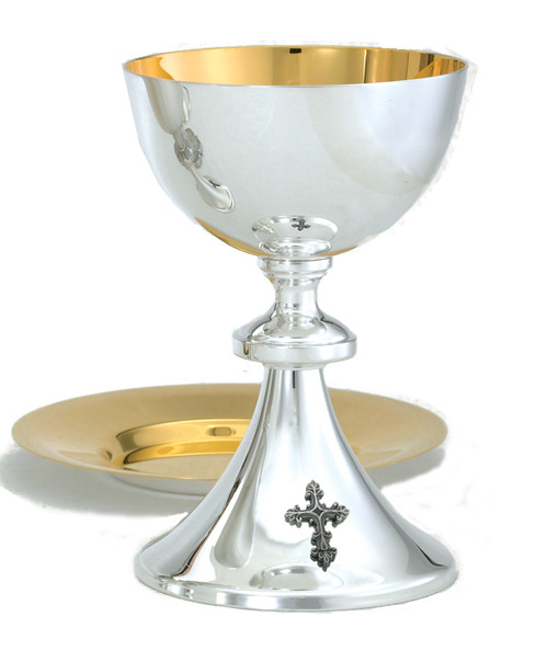 Chalice, A-715BS, Brite Star Non Tarnish Finish, Ht. 7 3/8". Holds 12oz.  Included is a 6.75" well paten.

