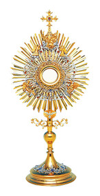Trinity Monstrance 10-413 - Depicts the Holy Trinity. Gold and Silver Plated, set with colored Stones. Base with enameled accents. Four layers of fililgree and rays with two angel figures. Gold rimmed glass luna for 2 3/4" Host. 31" High, carrying case included. Handmade in Poland. A full Luna can be added to monstrance at an addition price. *As some items are made to order, Please allow 4-6 weeks for delivery. 