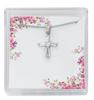 CRYSTAL CUBIC ZIRCONIA CROSS PENDANT ON 16" CHAIN WITH CLEAR PLASTIC GIFT BOX
DIMENSION: 1/2"