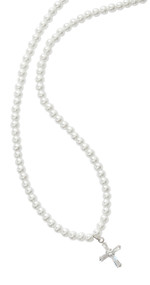 16" PEARL NECKLACE WITH CRYSTAL STONE CROSS. COMES CARDED.
