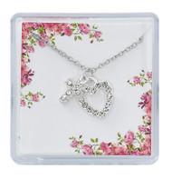 16" Crystal heart and cross pendant. Comes in a clear plastic gift box.