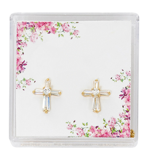Gold Crystal Baquette Earrings with surgical steel posts. Includes a clear gift box. Dimensions: 1/2" long.