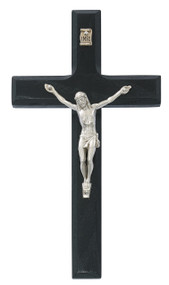 Black Wood 7" Crucifix with silver Corpus. Packaged in a gift box. Made in the USA.