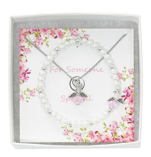 16" Pearls and Crystals Angel Pendant and Bracelet set.