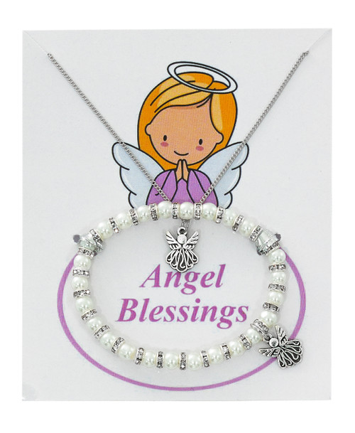 4mm White Pearl Angel Stretch Bracelet with 16" adjustable Angel Pendant. Comes carded
