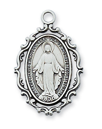 1" x 5/8" Miraculous Medal in Sterling Silver. Medal comes on an 18" Rhodium Plated Chain.  Deluxe Gift Box Included. Made in the USA

 