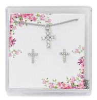 Silver Plate Crystal Cross Earrings and Pendant Set. 16-18" Adjustable chain. Gift boxed. 