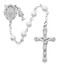 This Communion Rosary has White Pearl Beads. Rosary  has a rhodium miraculous medal center with a tiny rhodium chalice attached to it and a rhodium crucifix. Includes a white leatherette gift box. 