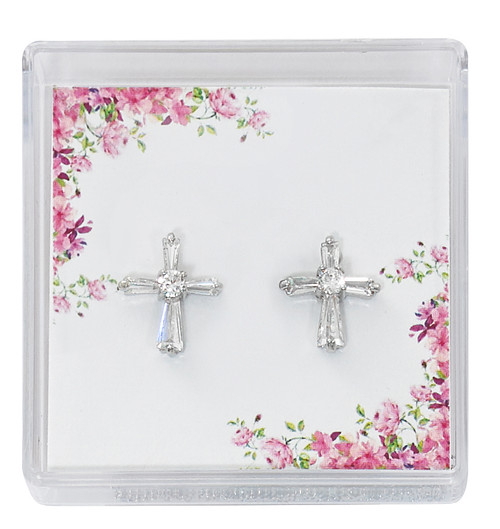 Silver Crystal Baguette Earrings with surgical steel posts. Includes a clear gift box. Dimensions: 1/2" long.
