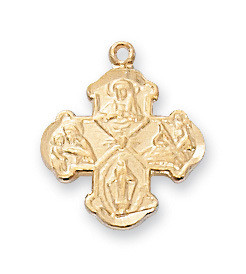 Gold over Sterling Silver 1/2" 4-Way Medal. 16" Rhodium Plated Chain. Deluxe Gift Box Included