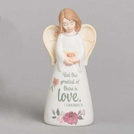The Greatest of These is Love Angel 4.25"H Figure. Made of a resin/stone mix. 4.25"H. A wonderful housewarming gift or a gift for anytime! 