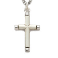 Sterling Silver Cross with polished tips comes on a 24" rhodium chain. Cross is boxed.