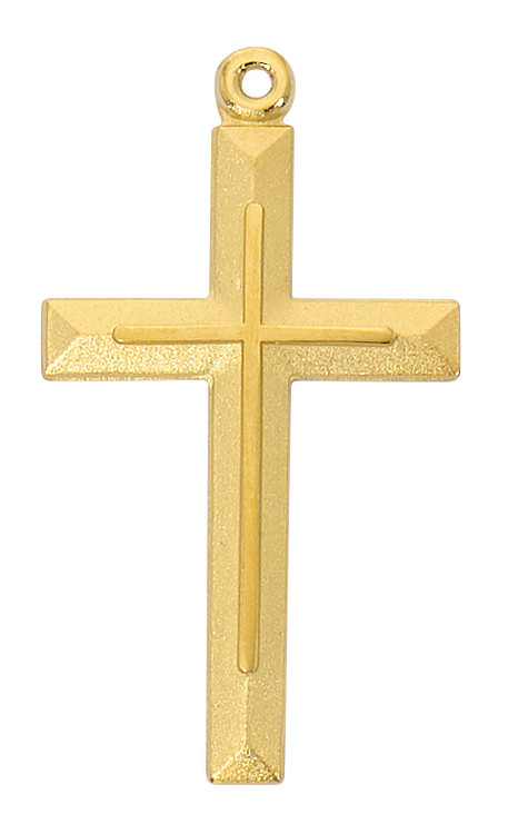 Gold over Sterling Silver Cross comes on a 24" rhodium chain. Cross is boxed.