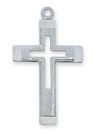Sterling Silver Cross with Cut Out Cross comes on a 18" rhodium chain. Dimensions: 1 2/16" long. Cross comes boxed.