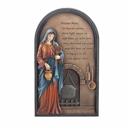 9.25"H Kitchen Madonna Wall Plaque for the Renaissance Collection. Dimensions: 9.25"H 0.88"W 5.38"L. Made of 48%Resein, 48%Stone Powder and 4% Paint 