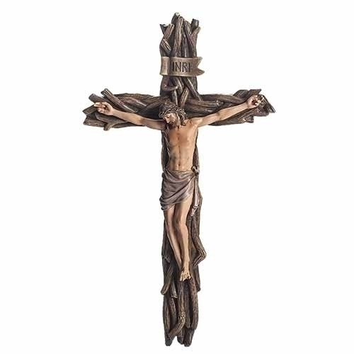 13.25"H Crucifix. Dimensions: 13.25"H 1.75"W 7.75"L. Crucifix is made of 48% Resin, 48%Stone powder and 4% paint. 