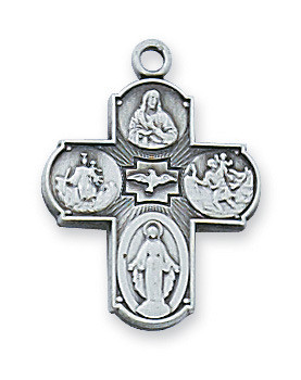 Sterling Silver 3/4" 4-Way Medal on an 18" Rhodium Plated Chain. Deluxe Gift Box Included