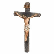 8.25"H Black Wall Crucifix. Dimensions: 8.25"H x 1.75"W x 7.75"L. Crucifix is made of 48% Resin, 48%Stone powder and 4% paint. 