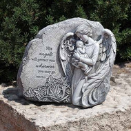 9inH Angel Holding Baby Garden Stone. Made of a 48% resin, 48%stone mix & 4% paint.  Dimensions: 9"H 5.5"W 10.5"L.  "His angels will protect you wherever you may go. Psalms 91:11"