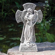 13inH Angel Holding Baby Cross Garden Statue. Made of a 48% resin, 48%stone mix & 4%paint. Dimensions: 13.38"H x  2.63"W x 7.5"L. 