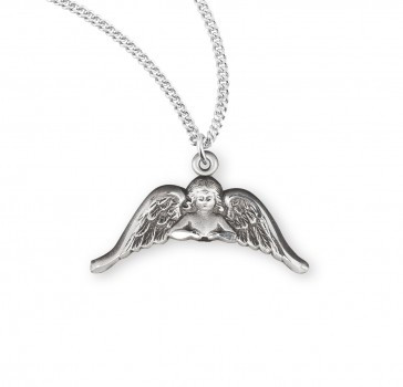 .925 Sterling Silver Guardian angel wings medal-pendant. Weight of medal: 1.1 Grams. Dimensions: 0.6" x 0.9" (14mm x 22mm). 18" Genuine rhodium plated curb chain. Made in USA. Deluxe velvet gift box.