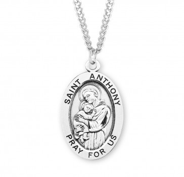 Sterling silver oval St. Anthony medal comes on a 24" genuine rhodium plated curb chain. Dimensions: 01.1" x 0.7" (27mm x 17mm). Weight of medal: 2.8 Grams. Medal comes in a deluxe velour gift box. Engraving option available. Made in the USA