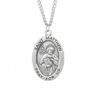 Sterling silver oval St. Matthew medal comes on a 24" genuine rhodium plated curb chain. Dimensions: 01.1" x 0.7" (27mm x 17mm). Weight of medal: 2.8 Grams. Medal comes in a deluxe velour gift box. Engraving option available. Made in the USA.