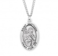 Saint Matthew oval medal-pendant. Solid .925 Sterling. Saint Matthew is the Patron Saint of bankers, tax collectors, accountants, and bookkeepers. Dimensions: 1.3" x 0.8" (32mm x 20mm). Weight of medal: 4.9 Grams. 24" Genuine rhodium plated endless curb chain. Made in USA. Comes in a deluxe velour gift box. Engraving option available.