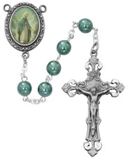  7MM Teal beads with Pewter Crucifix and Our Lady of Grace Center.  Rosary comes in a deluxe gift box. Made in the USA
