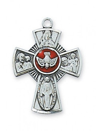 Sterling Silver 9/10" 4-Way Red Enameled Medal. Medal comes on an 18" Rhodium Plated Chain. A Deluxe Gift Box Included
