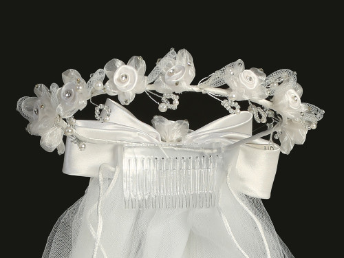 Communion Headpiece. Rhinestones and satin rose flowers and bows, Tiara, T-330