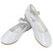 Elsa Shoe. A shiny white comfortable shoe with a hook and loop closure strap. 