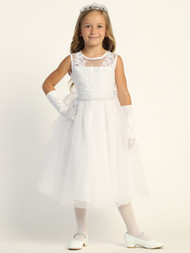 This communion dress is a short sleeved  corded embroidered tulle dress with sequins. Tea-length dress has an illusion neckline.  Accessories are sold separately. 
Made in the USA. 3 Dress Limit per order!