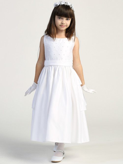 Details: Communion  Dress Satin bodice with pearl accents & cummerbund
Satin skirt with three layer back & bow
Sleeveless
Tea-length
Accessories are sold separately
Made in U.S.A
3 Dress Limit per order!
