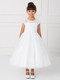 Beautiful cap sleeved lace applique bodice. The tulle skirt also has scattered lace applique..  Illusion NecklineOrder your First Communion dress today from St. Jude’s Shop!