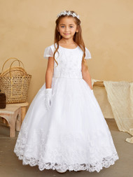 Lace bodice dress with lace bodice applique and rhinestone waist. Order your First Communion dress today from St. Jude’s Shop!
Ankle Length 
Made in the U.S.A. 
3 Dress Limit Per Order
