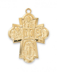 Gold over Sterling Silver 1 - 3/16" 4-Way Medal. Medal comes on a 24" gold plated chain. a deluxe gift box is included