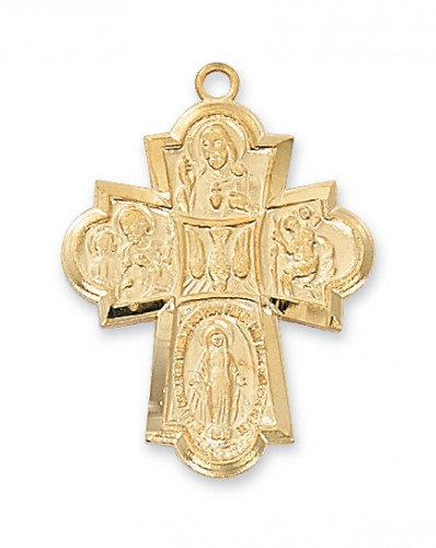 Gold over Sterling Silver 1 - 3/16" 4-Way Medal. Medal comes on a 24" gold plated chain. a deluxe gift box is included
