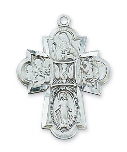 Antique Silver plated Pewter 1 1/4" x 7/8" 4-Way Medal. 24" Rhodium Plated Chain. Deluxe Gift Box Included

