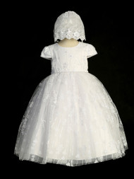 Lace Bodice Baptismal Dress with Lace Applique and Rhinestone Waist