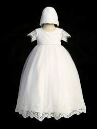 Short Sleeve Lace Bodice Baptismal Dress with a Lace Applique Scalloped Hem
