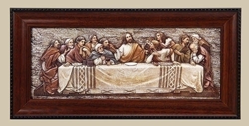 7"H Framed Last Supper Plaque.  Made of a medium density fiberboard. Dimensions: 7"H 14.38"W 0.75"D. Resin/Stone Mix.